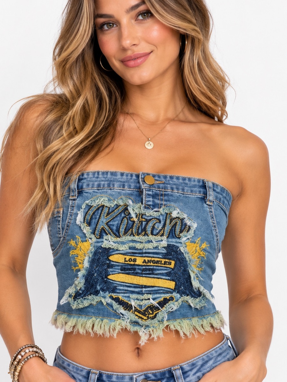 076.New Denim Strapless Crop Top with Embroidered Patch - Blue
